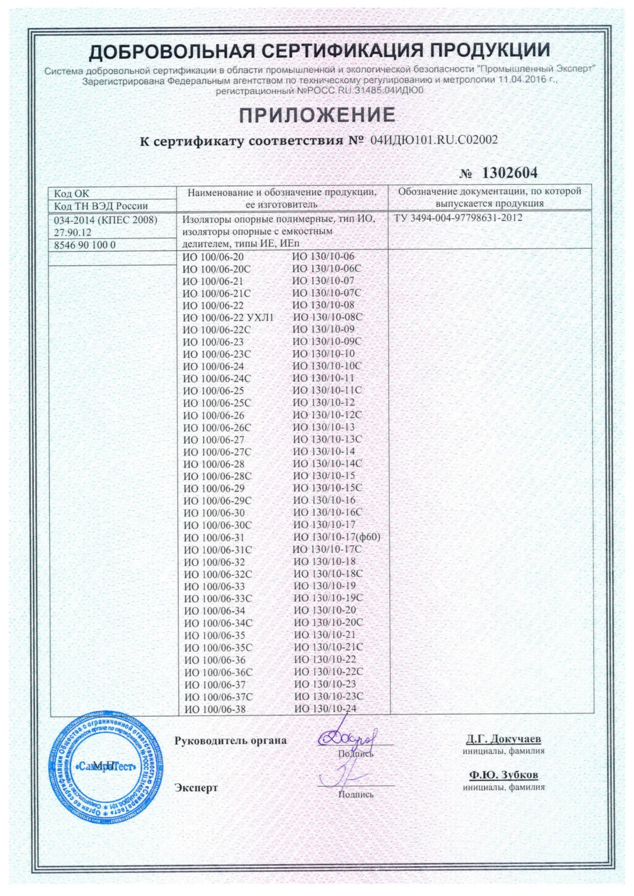 Приложение к сертификату № 04ИДЮ101.RU.C02002
